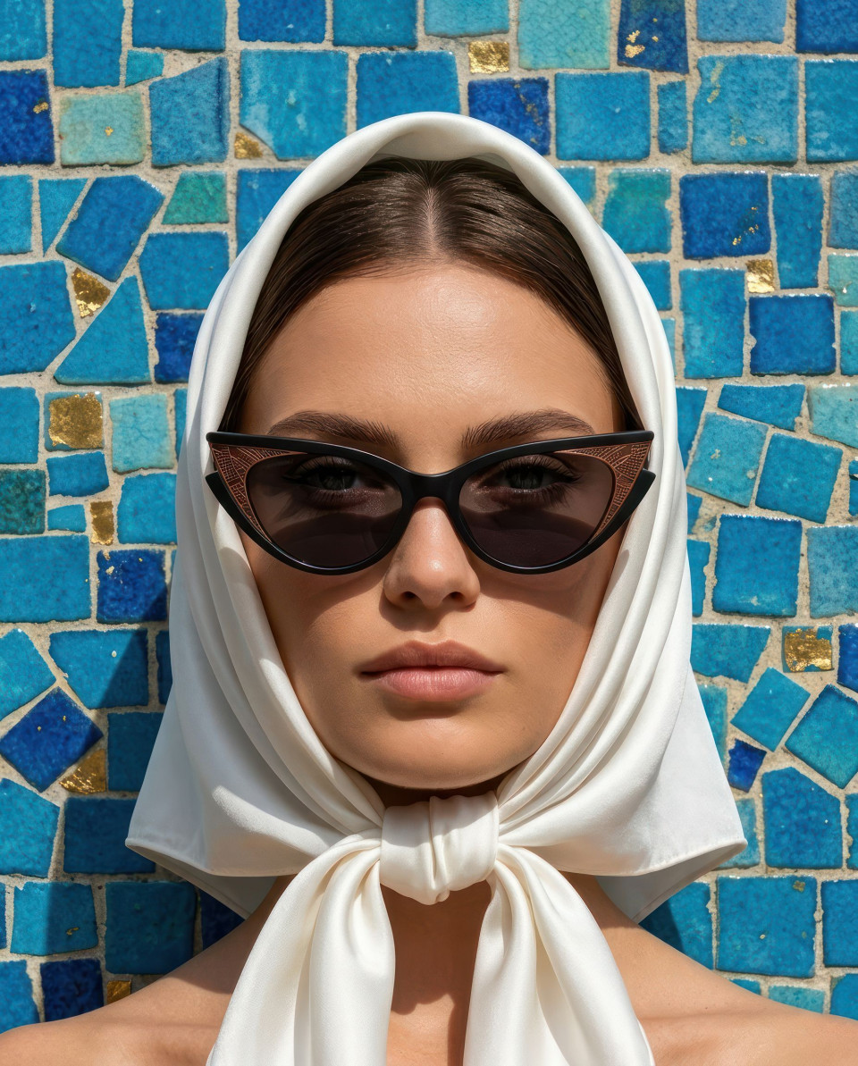 Model with headscarf sunglasses mosaic wall portrait google gemini prompt