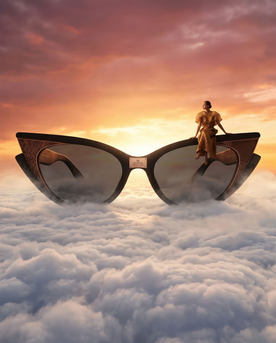 Giant sunglasses surreal cloud fashion scene sunset google gemini prompt