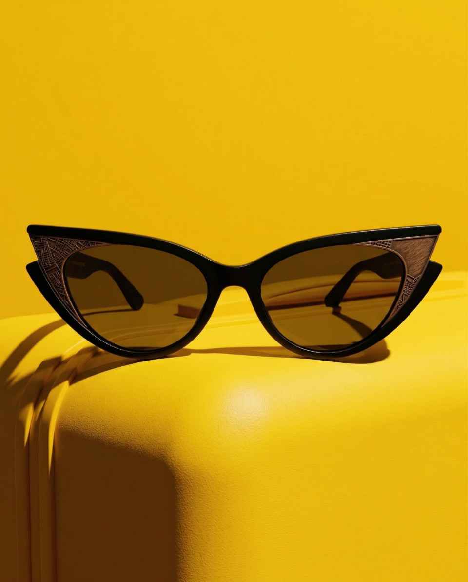 Sunglasses on yellow suitcase minimalist travel concept google gemini prompt
