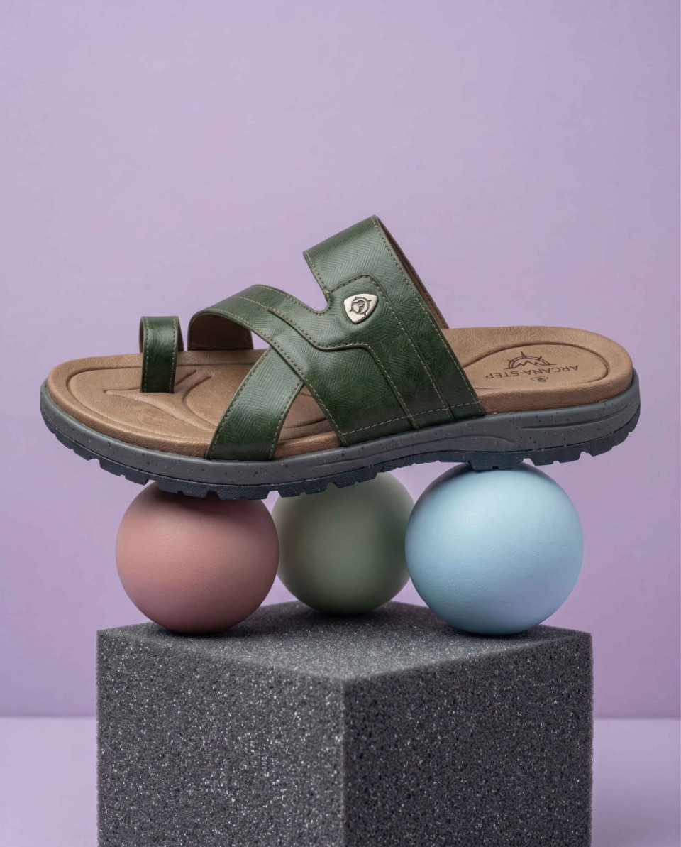 Floating sandal on pastel spheres minimal studio composition google gemini prompt