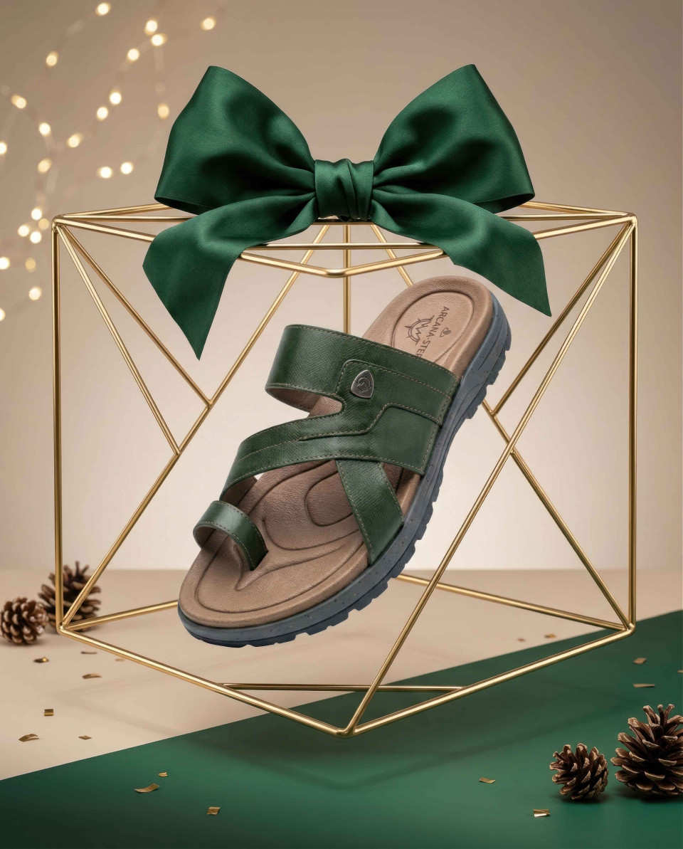 Forest green sandal inside luxury gift frame studio setup google gemini prompt