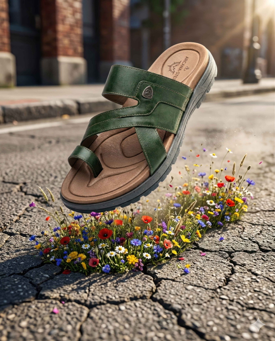 Sandal step creates flower bloom on urban pavement concept google gemini prompt