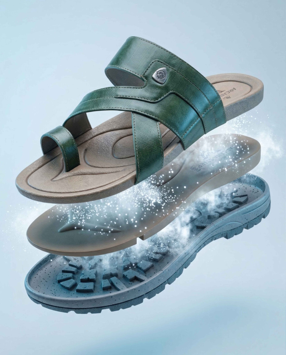 Exploded view sandal design with floating layers studio shot google gemini prompt