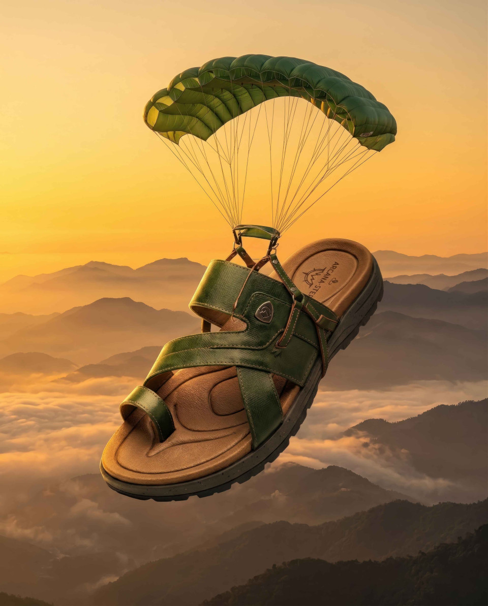 Sandal parachute floating over mountains sunset sky scene google gemini prompt
