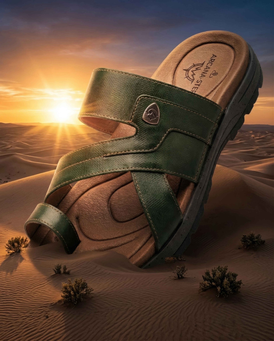Giant sandal monument in desert dune surreal sunset scene google gemini prompt