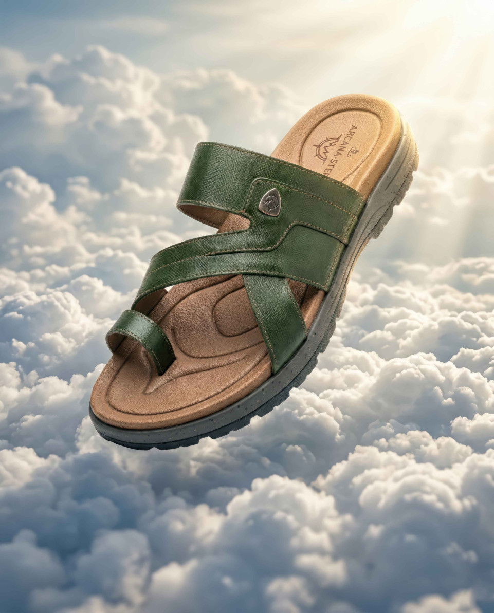 Forest green leather sandal floating above clouds surreal ad google gemini prompt