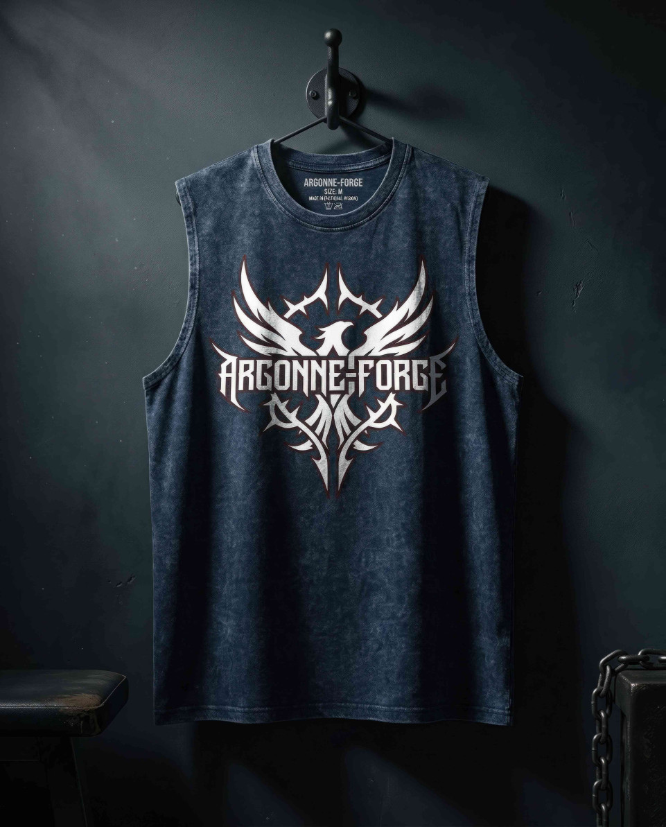 Navy acid wash tank hanging on hook dark gym background google gemini prompt