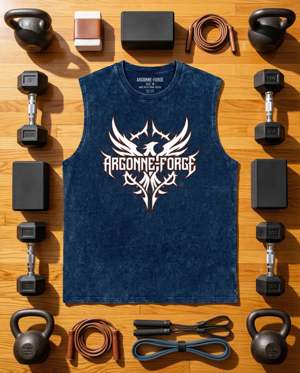 Navy acid wash tank flat lay with gym equipment arrangement google gemini prompt