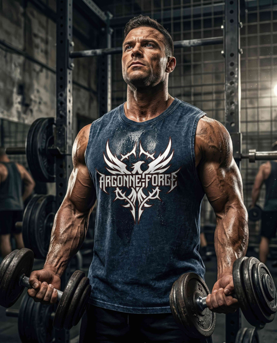 Muscular man lifting weights wearing navy acid wash tank google gemini prompt