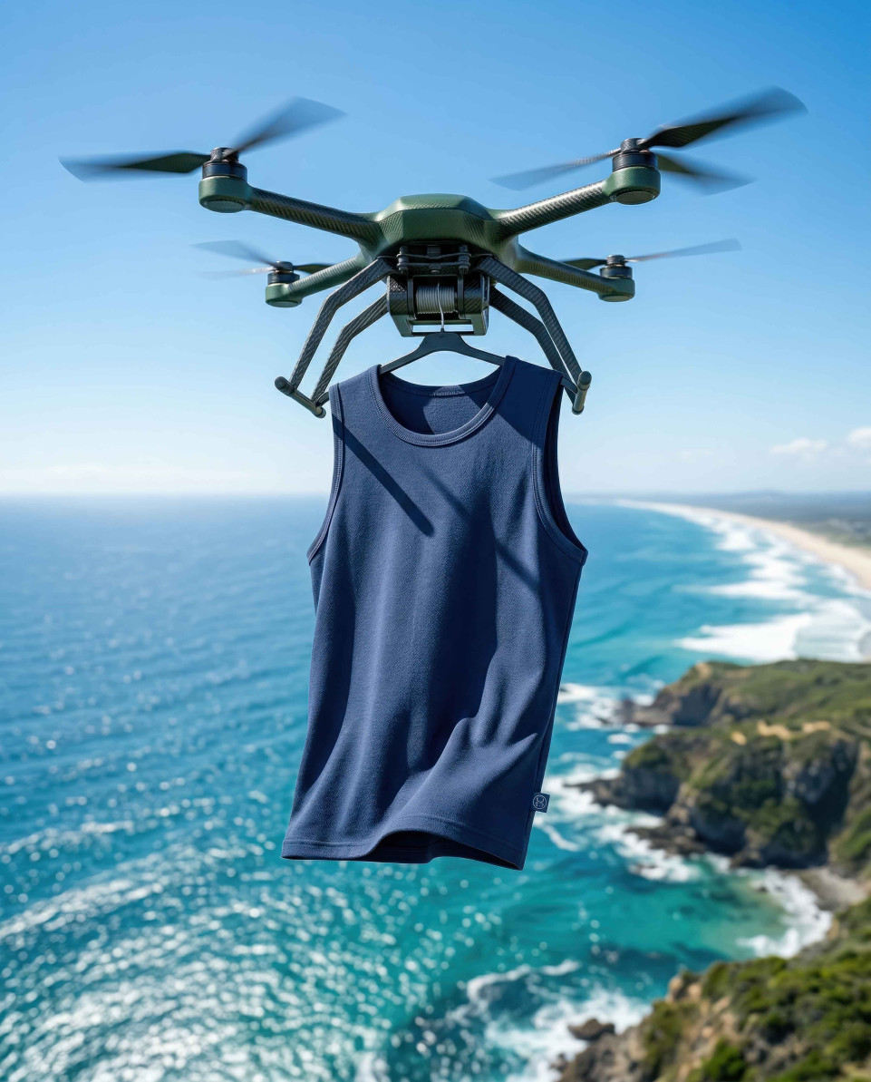 Vest hanging from drone over ocean aerial fashion concept google gemini prompt