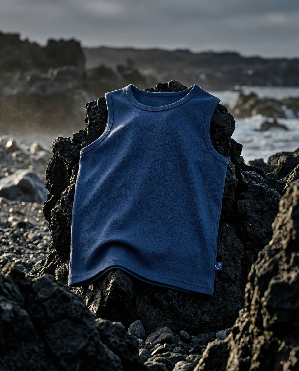Vest draped on volcanic rock rugged outdoor fashion concept google gemini prompt