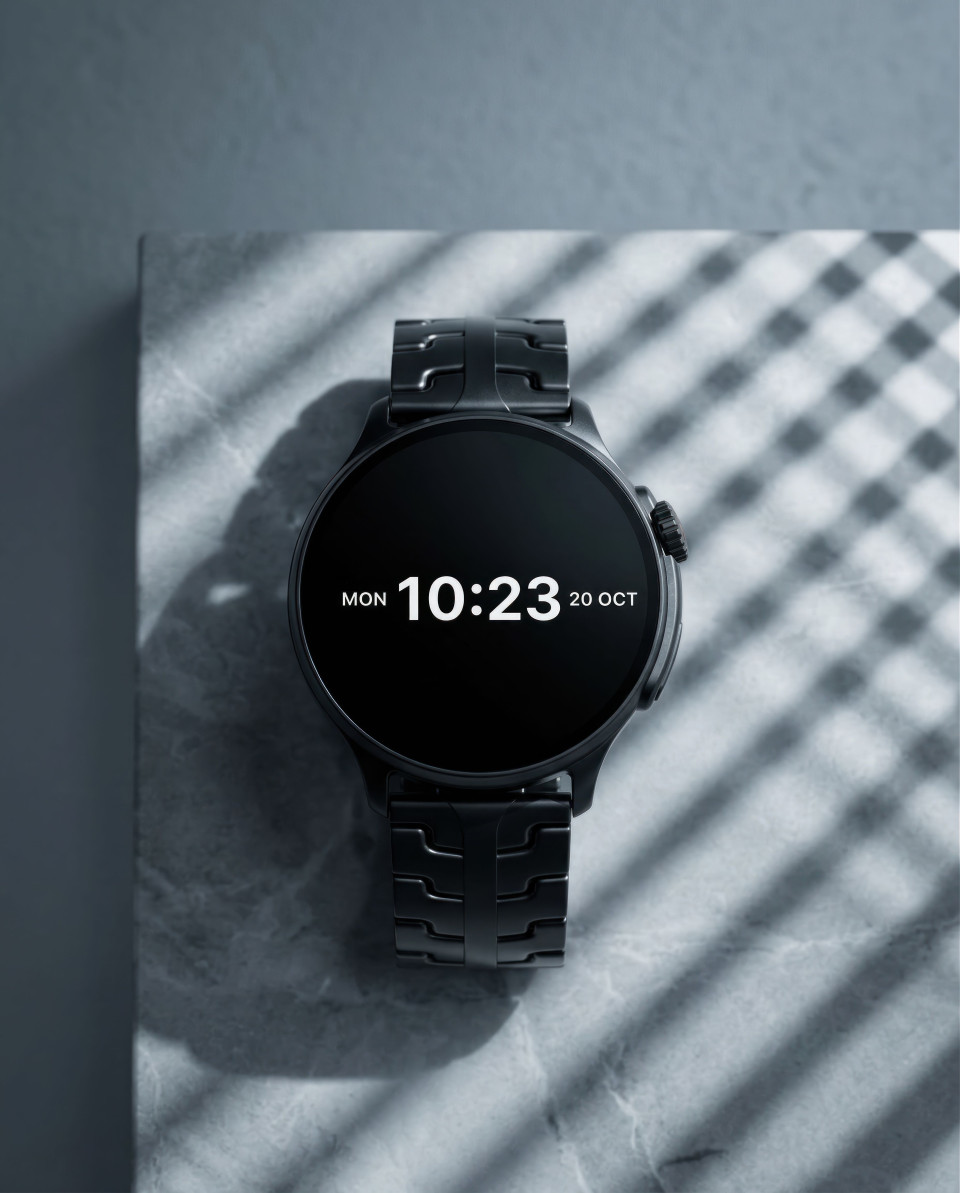 Luxury smartwatch on marble slab with dramatic light shadows google gemini prompt