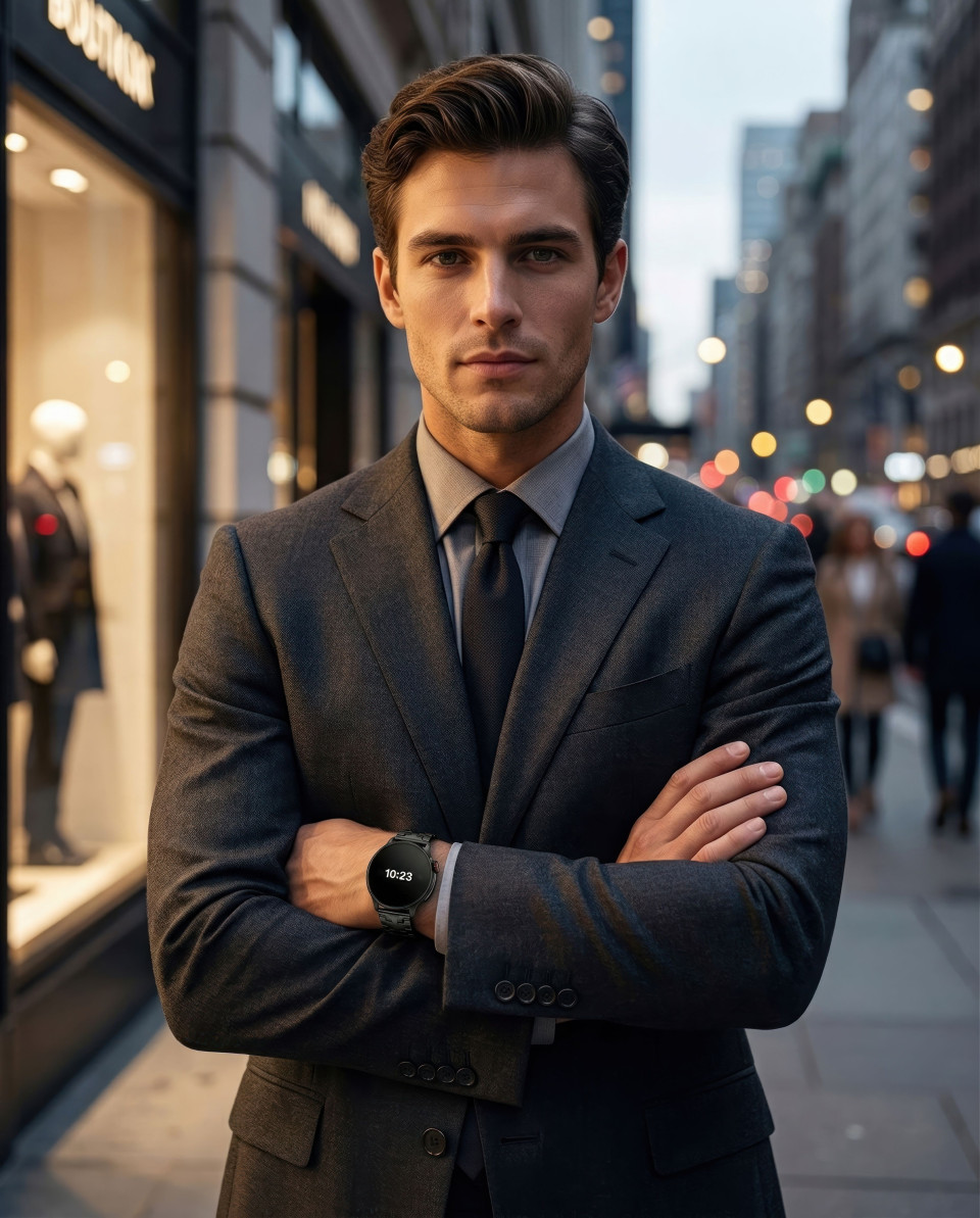 Smartwatch worn with suit in urban luxury fashion portrait google gemini prompt