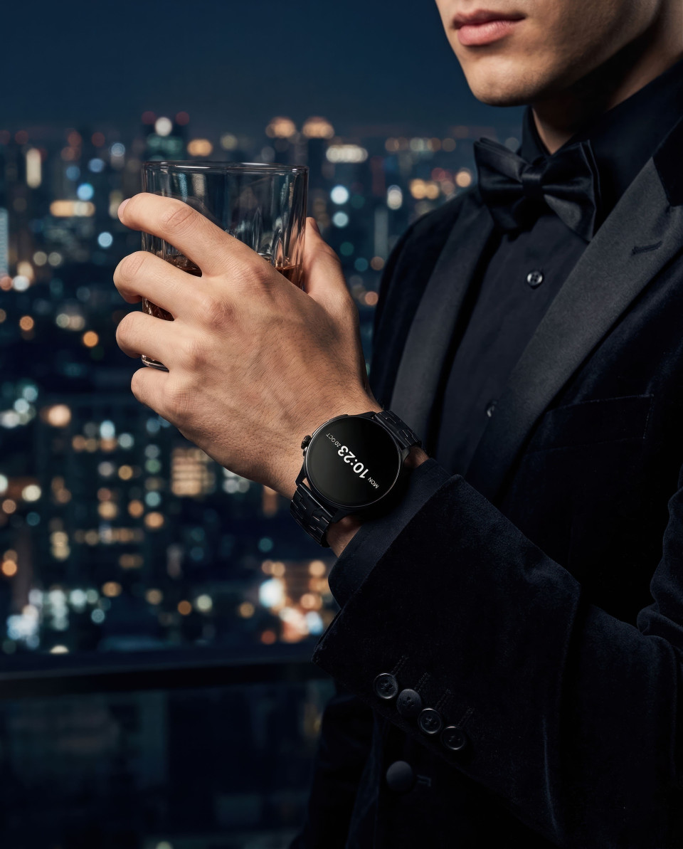 Luxury smartwatch with tuxedo in rooftop nightlife setting google gemini prompt