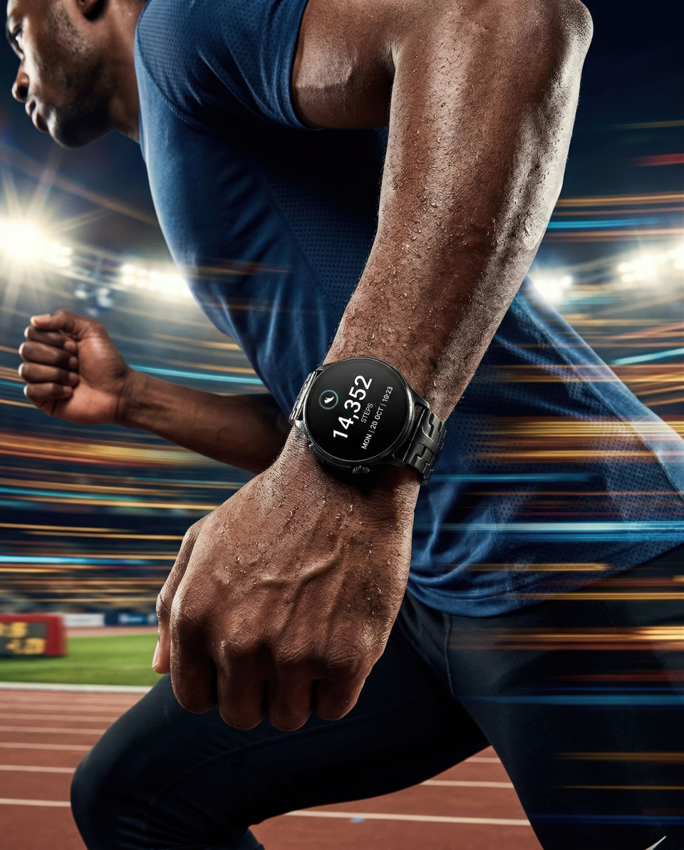 Smartwatch on athlete running track showing fitness performance google gemini prompt