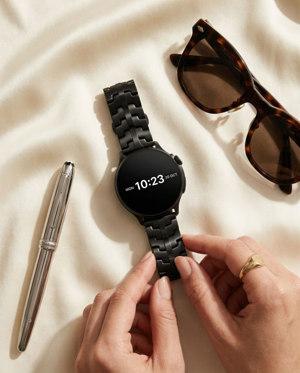 Luxury smartwatch on silk fabric with lifestyle accessories flat lay google gemini prompt