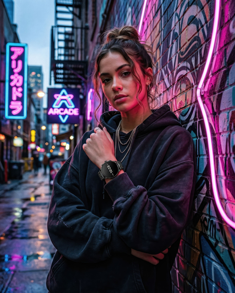 Smartwatch with streetwear fashion in neon urban alley lifestyle google gemini prompt