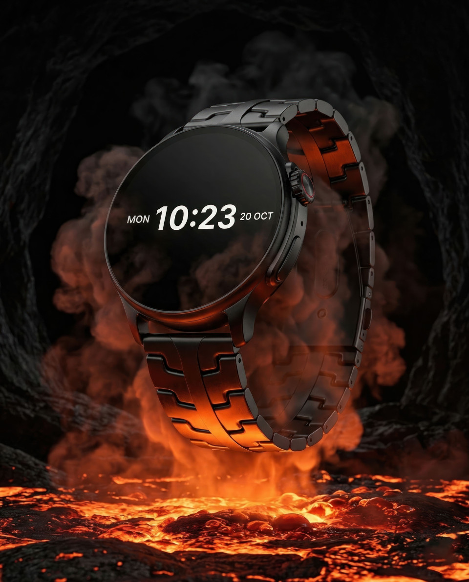 Rugged smartwatch above molten lava with dramatic industrial theme google gemini prompt