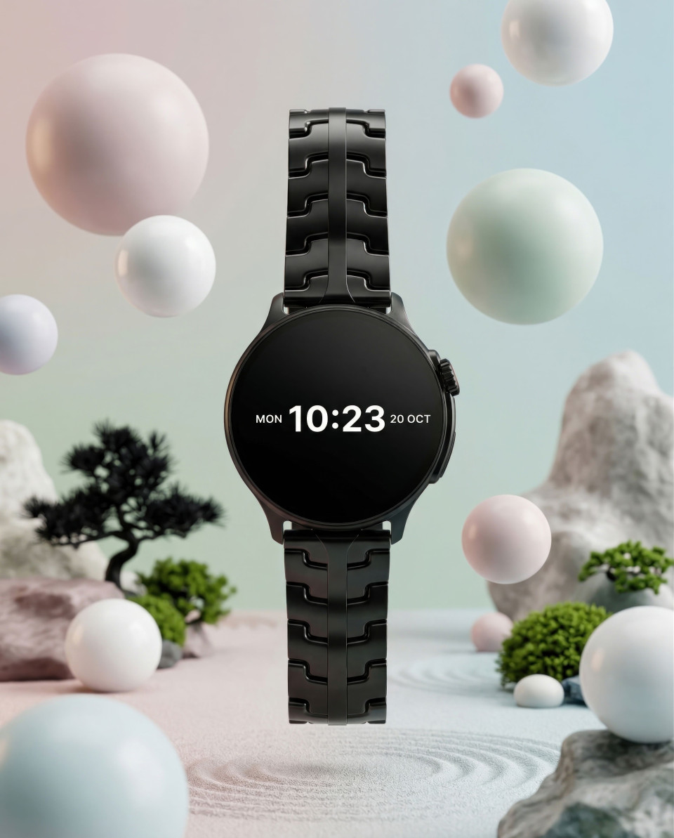 Minimalist smartwatch floating with spheres in calm futuristic scene google gemini prompt