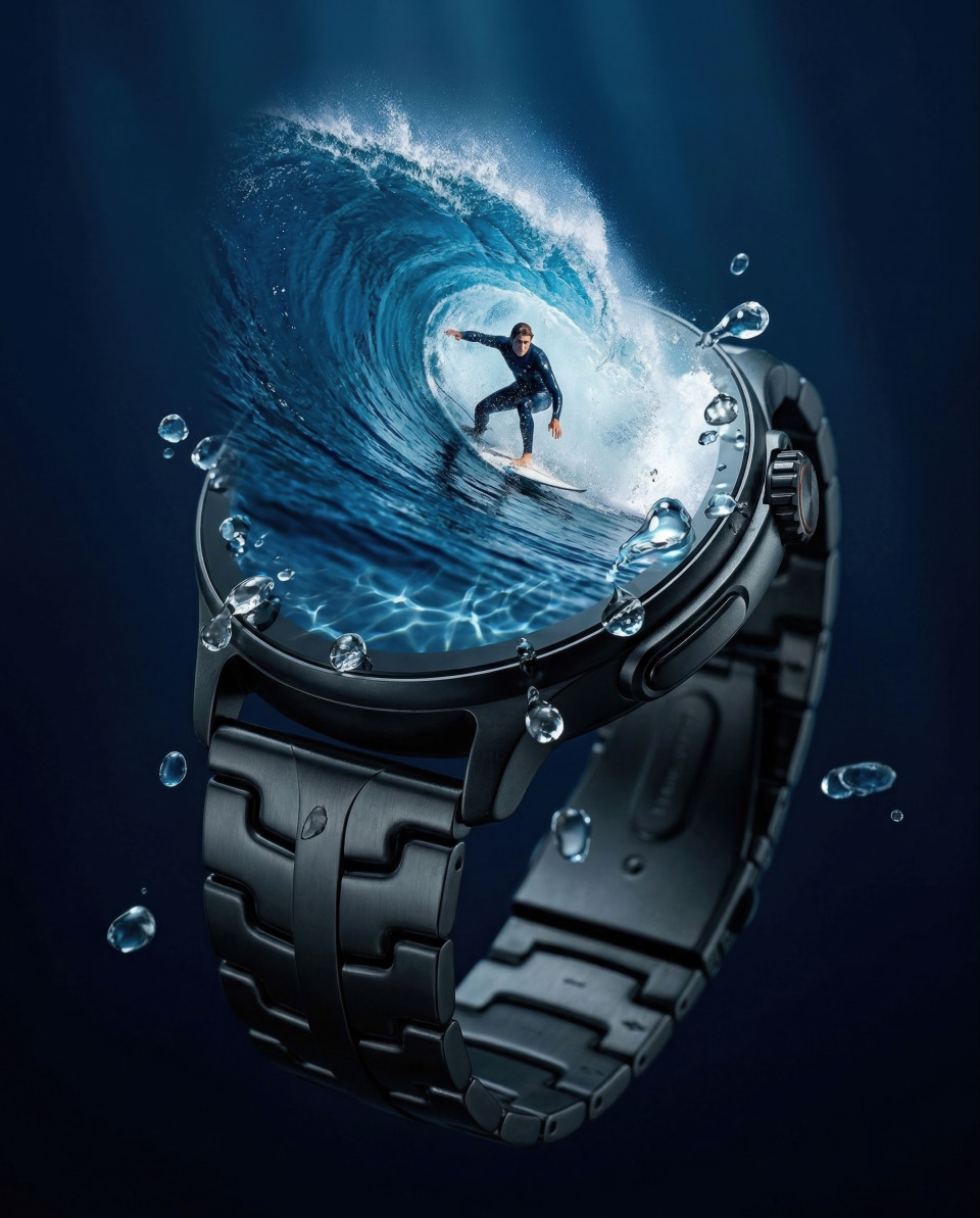 Smartwatch with ocean wave and surfer creative concept scene google gemini prompt