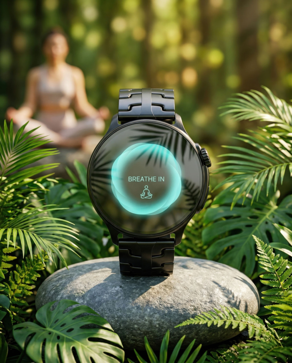Wellness smartwatch on stone with nature and meditation concept google gemini prompt