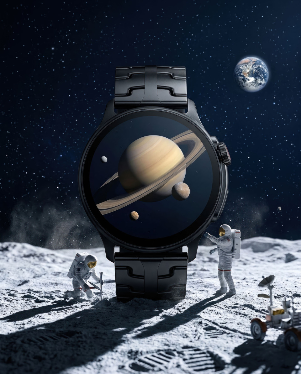 Futuristic smartwatch on lunar surface with astronauts space theme google gemini prompt