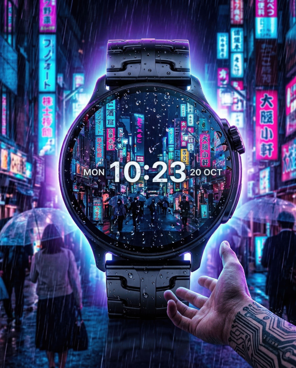 Cyberpunk smartwatch in neon rainy street futuristic urban scene google gemini prompt