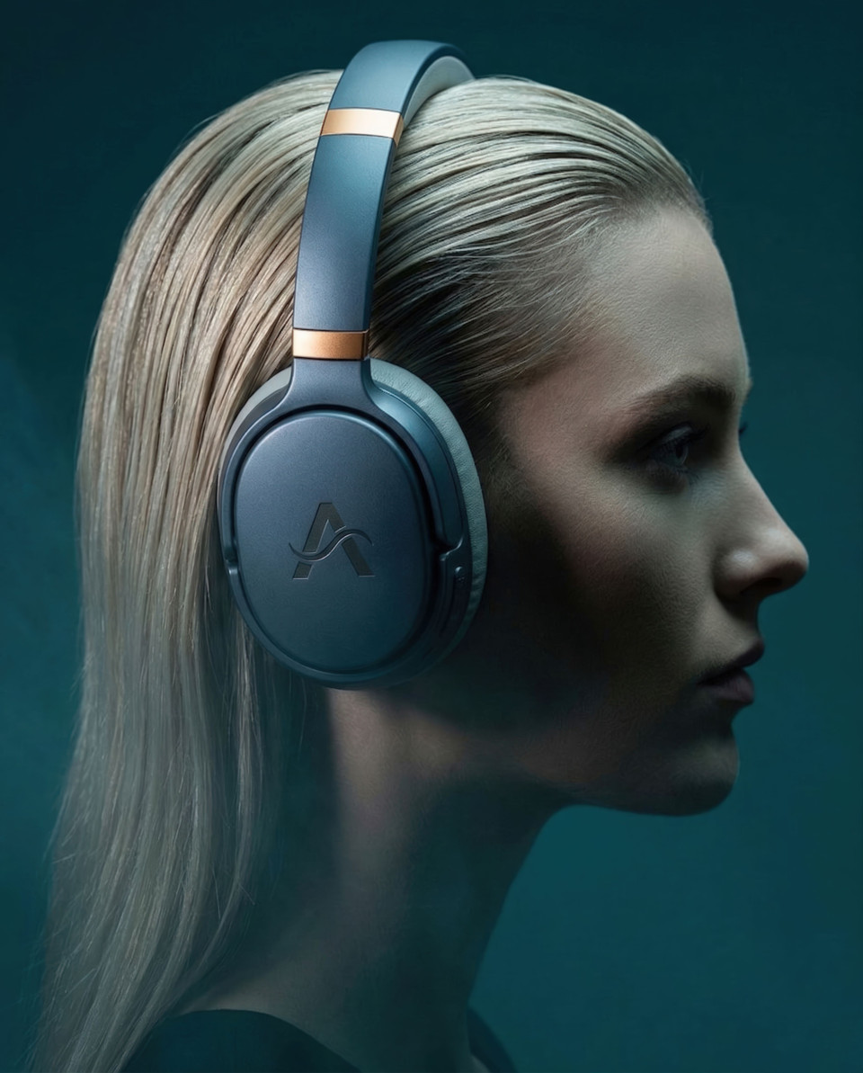 Fashion woman profile wearing wireless headset in dramatic lighting google gemini prompt