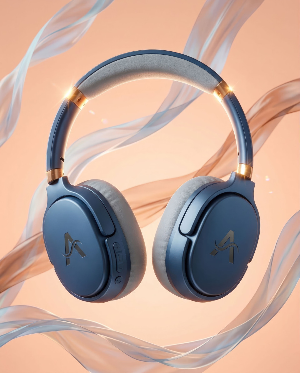 Wireless headset floating with silk ribbons in dreamy concept scene google gemini prompt