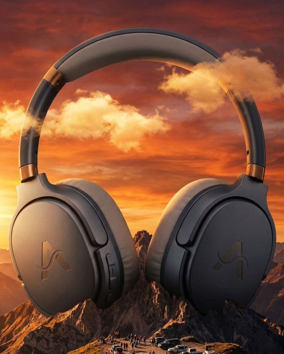 Massive wireless headset on mountain peak epic concept scene google gemini prompt