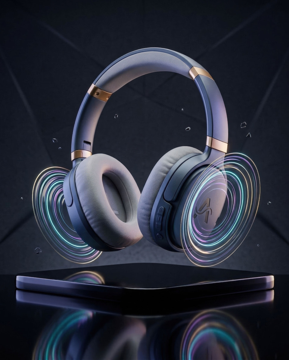 Floating wireless headset with neon sound waves in dark studio google gemini prompt