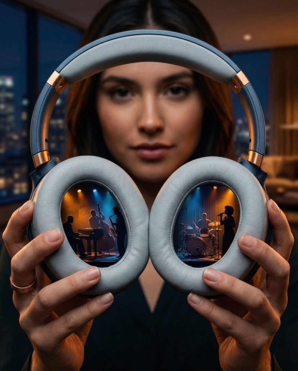 Wireless headset with jazz club scene inside earcups concept google gemini prompt