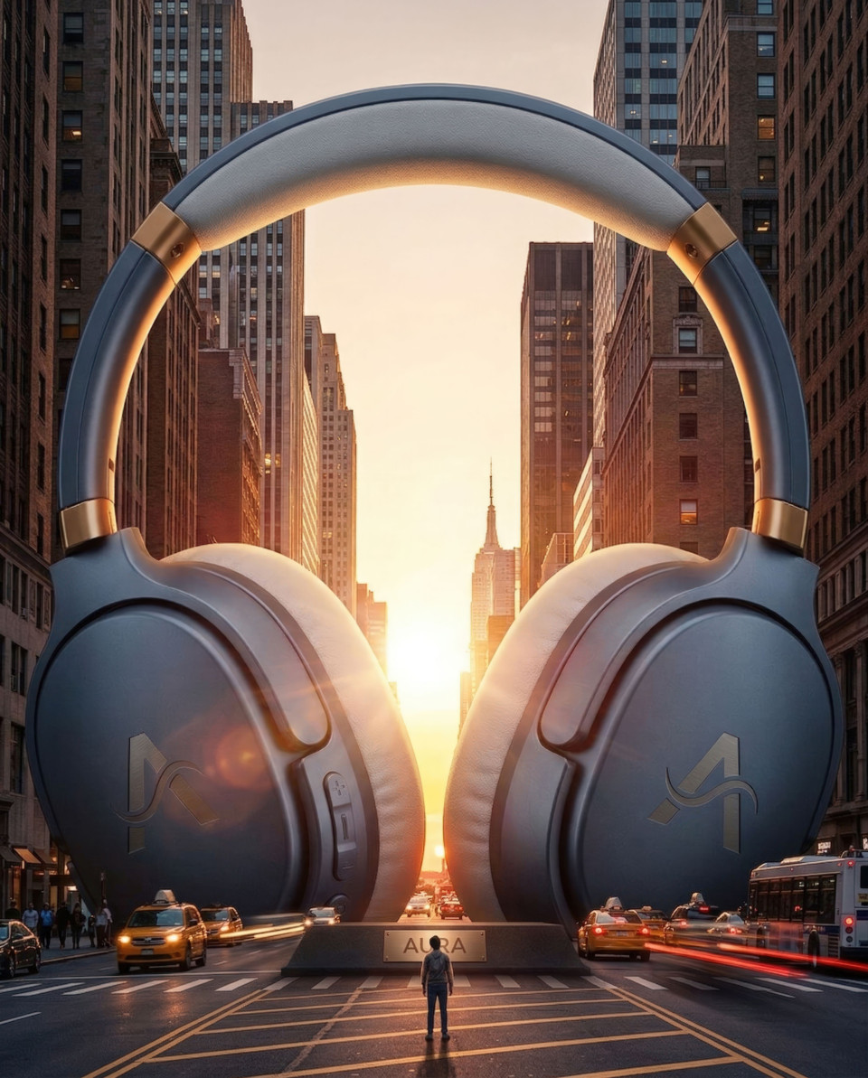 Giant wireless headset monument in city street surreal concept google gemini prompt
