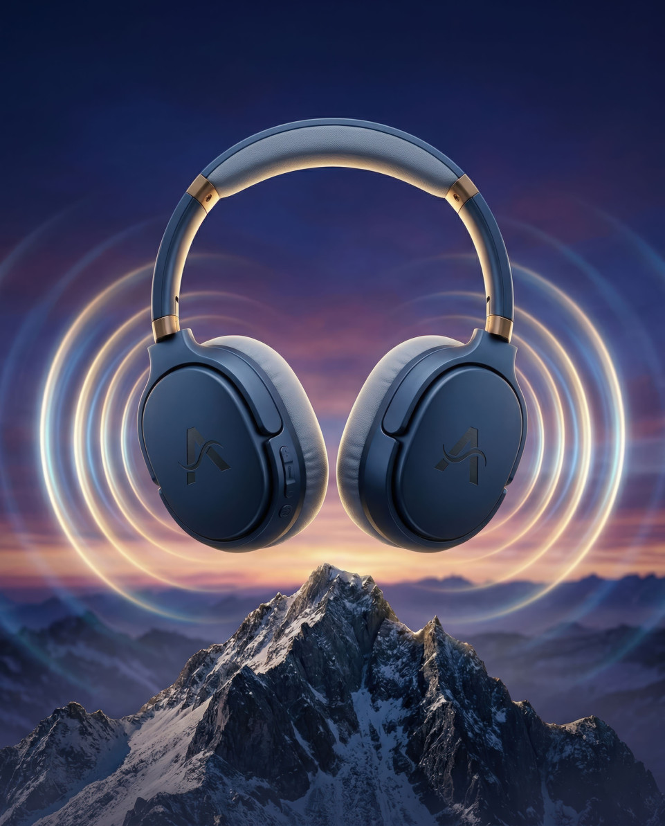 Wireless headset floating above mountain with glowing sound waves google gemini prompt