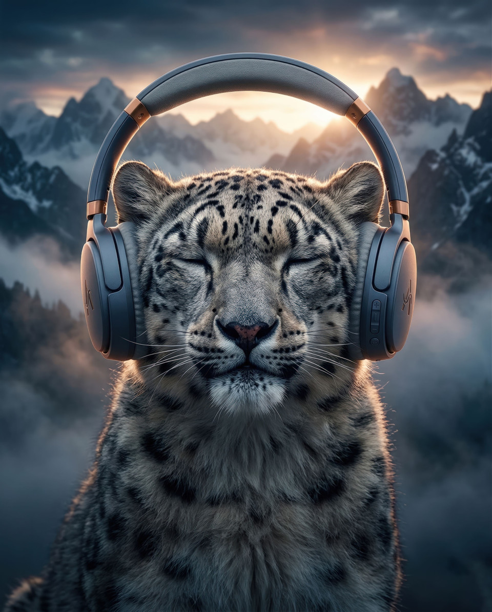 Snow leopard wearing wireless headset in misty mountain portrait google gemini prompt