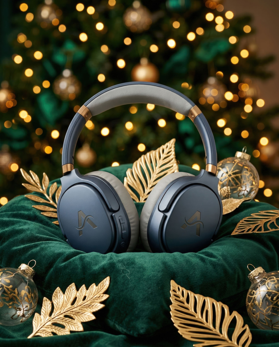 Luxury wireless headset on velvet with festive holiday lights google gemini prompt