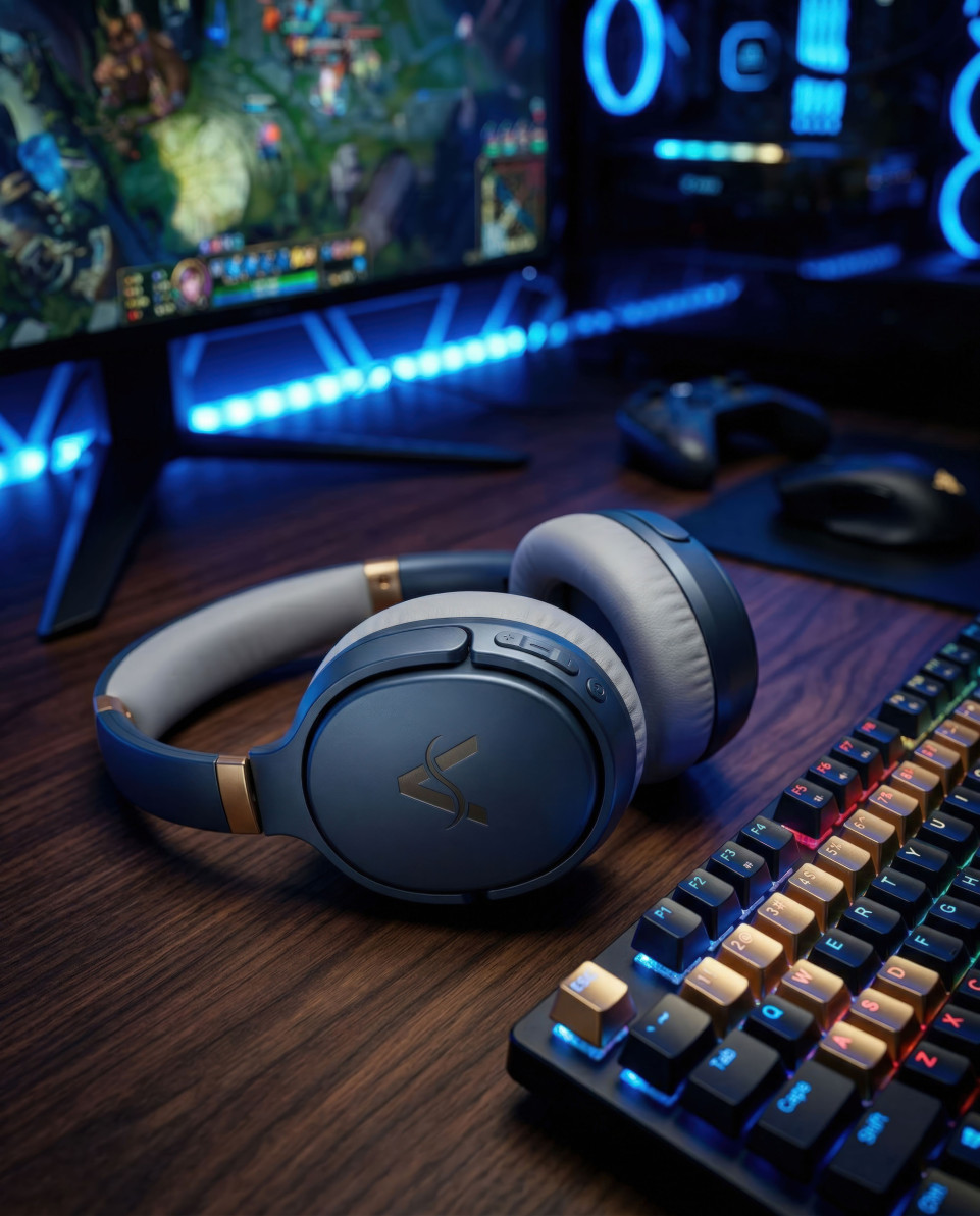 Gaming headset on desk with keyboard in neon blue setup google gemini prompt
