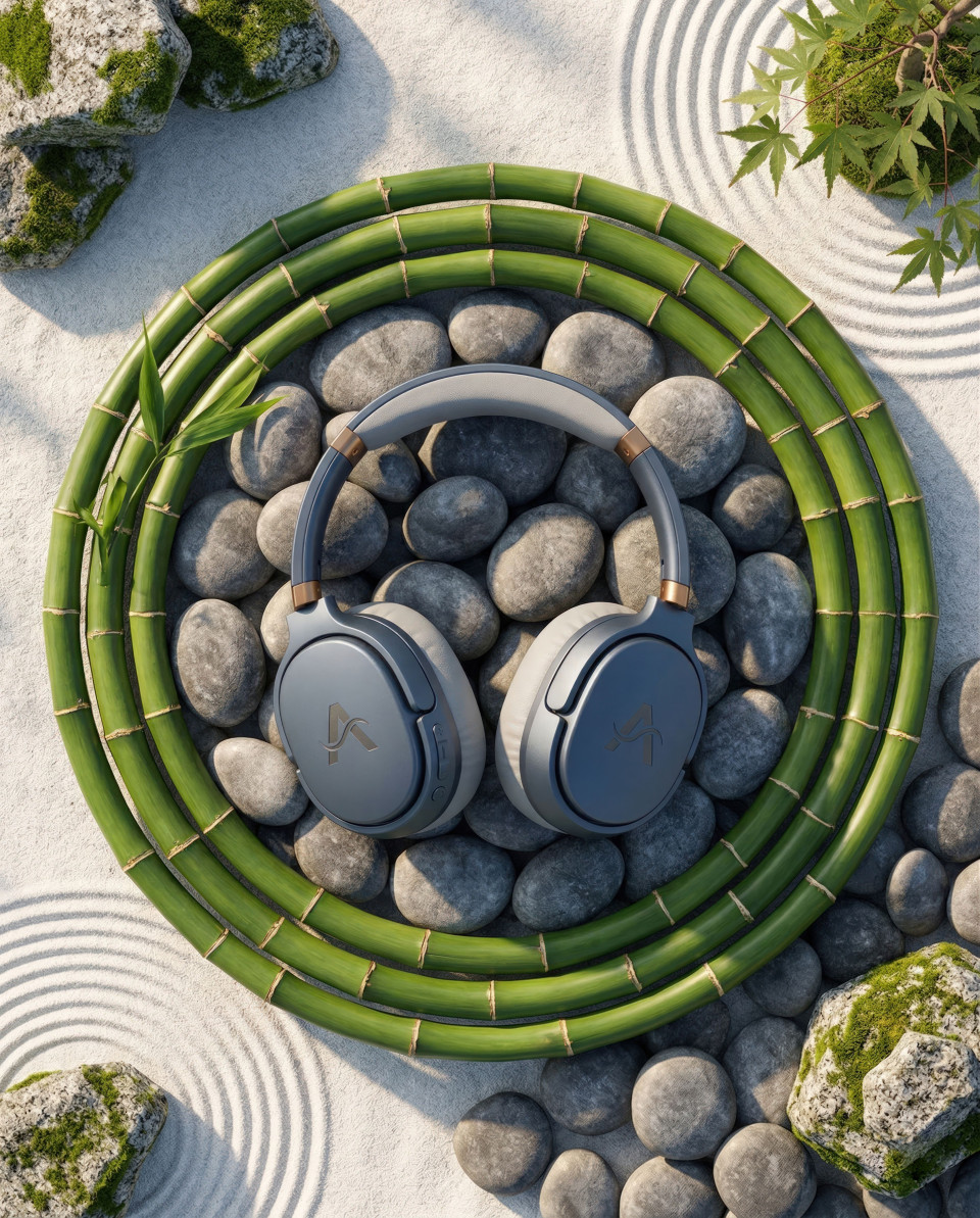 Wireless headset flat lay in zen garden with stones and bamboo google gemini prompt