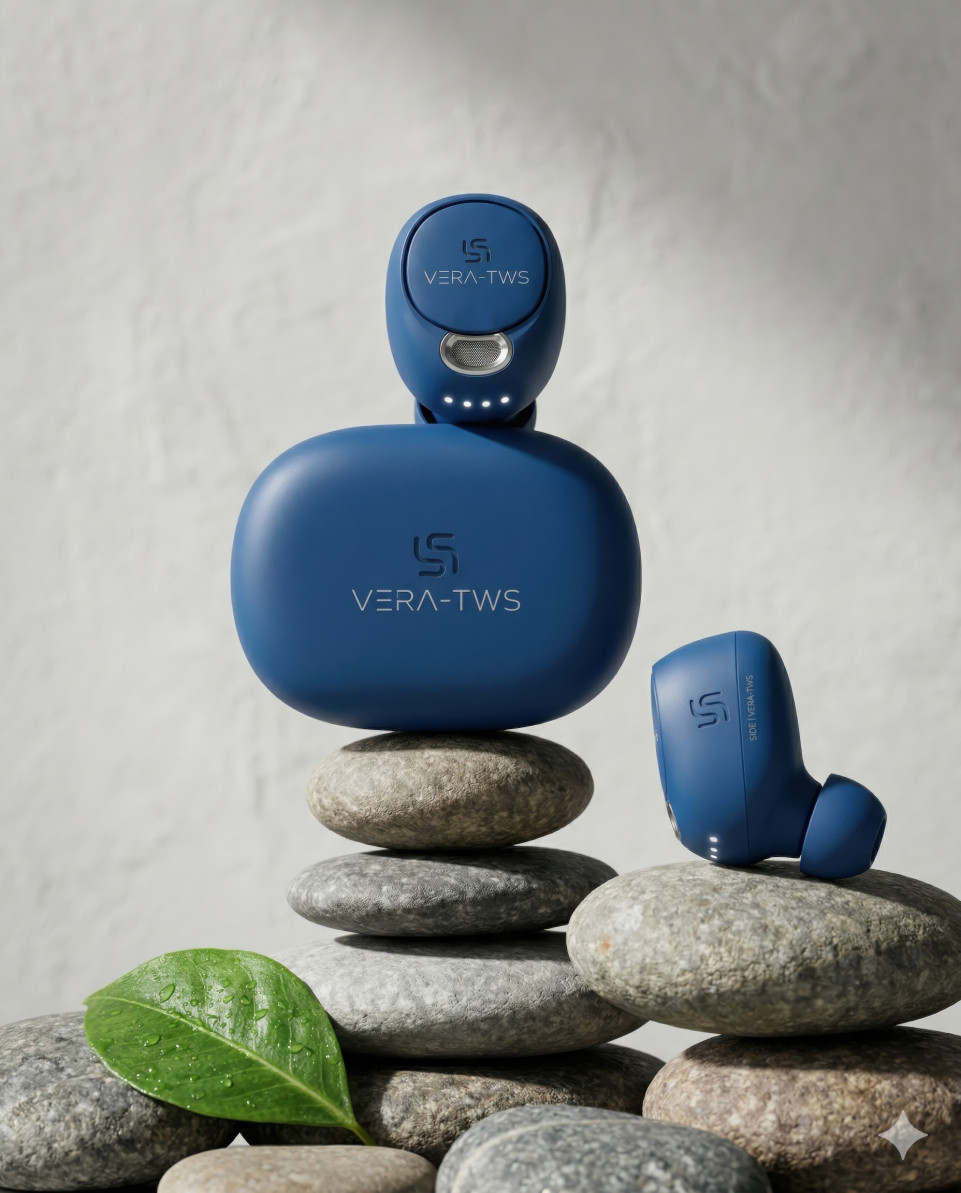 Wireless earbuds balanced on stones with natural minimal setting google gemini prompt
