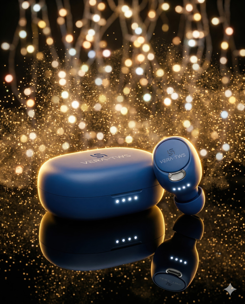 Wireless earbuds with golden sparkles on reflective surface google gemini prompt