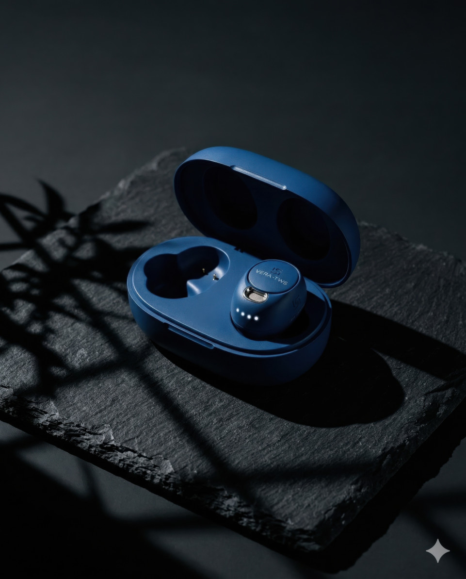 Luxury wireless earbuds on black slate with dramatic shadows google gemini prompt