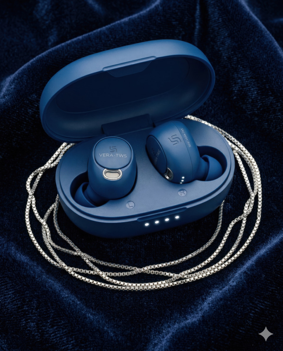 Wireless earbuds on velvet with silver chain luxury gift concept google gemini prompt