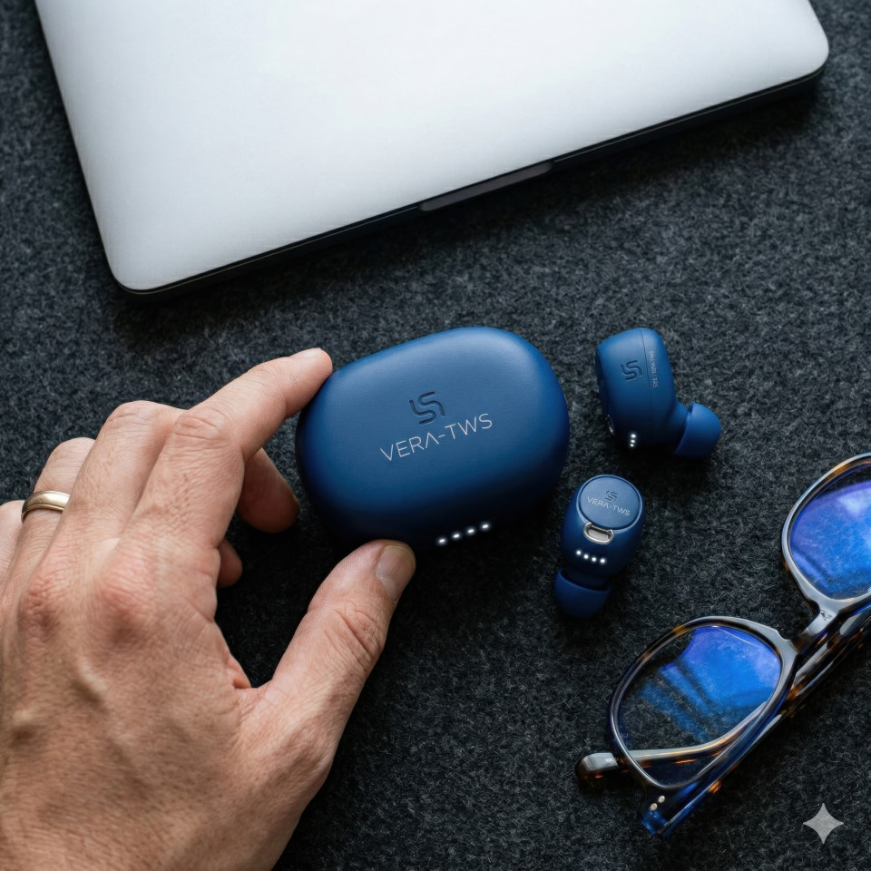 Wireless earbuds office desk flat lay with laptop and glasses google gemini prompt