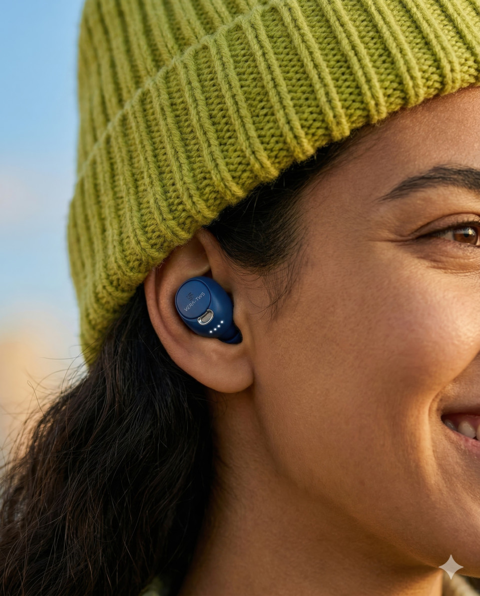 Woman wearing wireless earbud with winter beanie close up google gemini prompt
