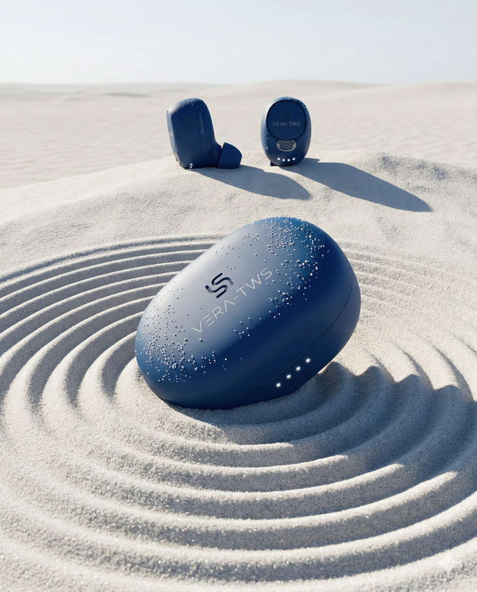 Wireless earbuds in desert sand with soundwave ripple pattern google gemini prompt