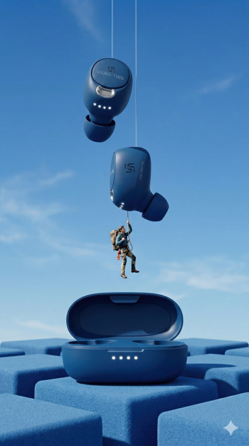 Floating wireless earbuds in sky with miniature adventure figure google gemini prompt