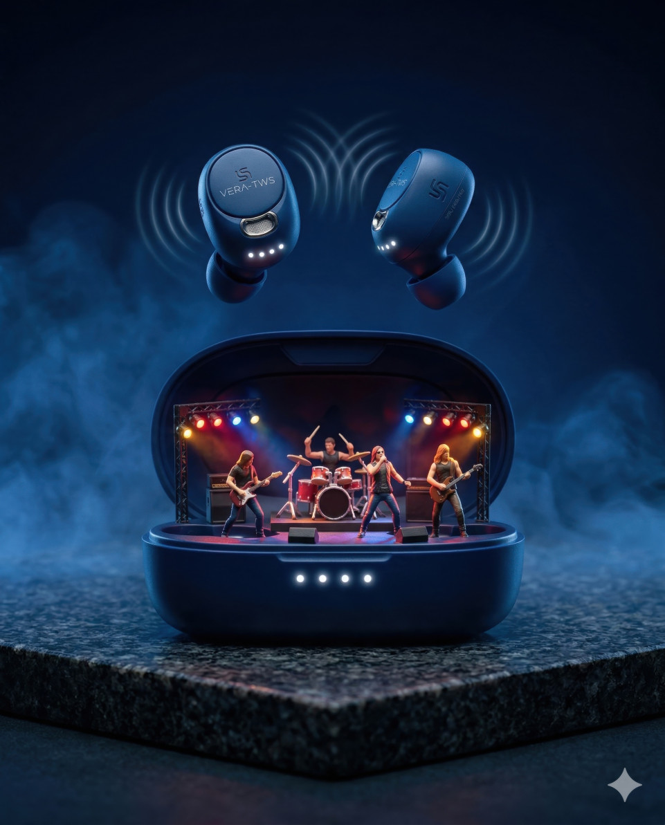 Wireless earbuds case with miniature rock band stage google gemini prompt