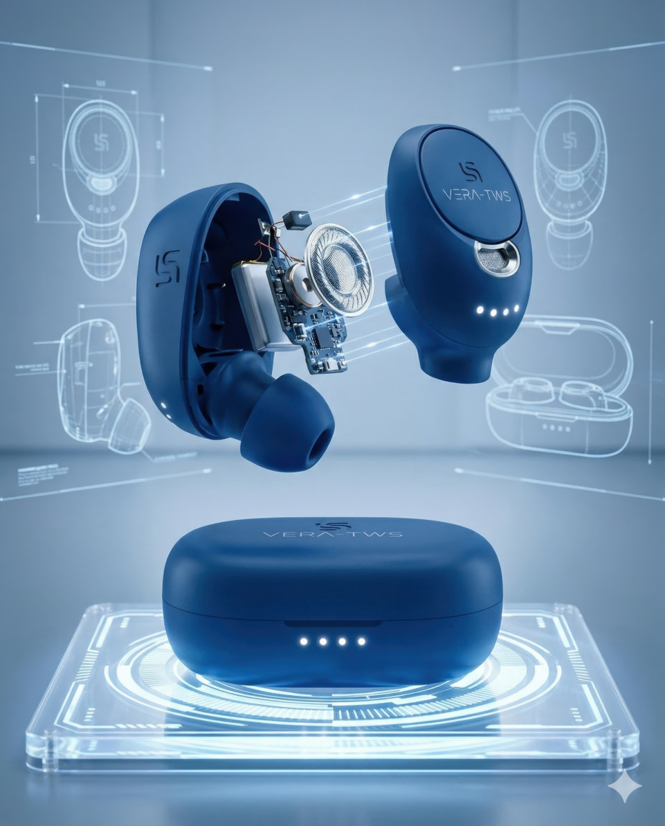 Exploded view wireless earbuds with technical futuristic display google gemini prompt