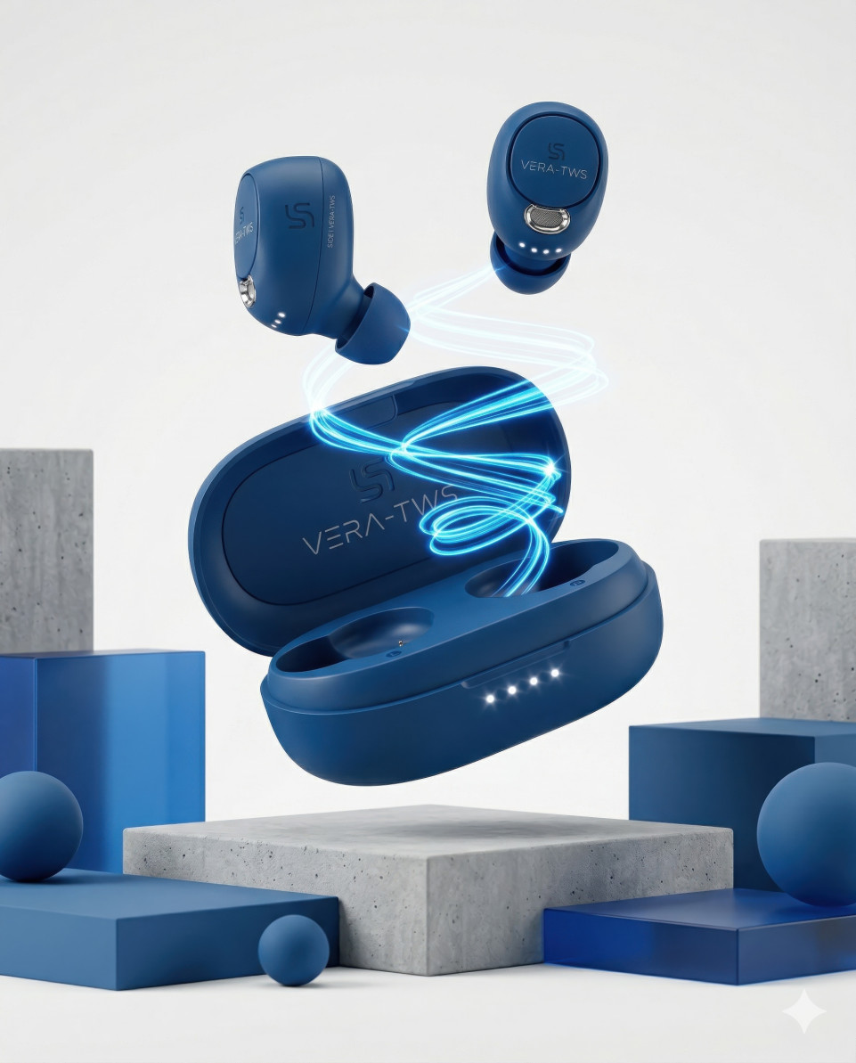 Floating wireless earbuds with energy light connection studio google gemini prompt