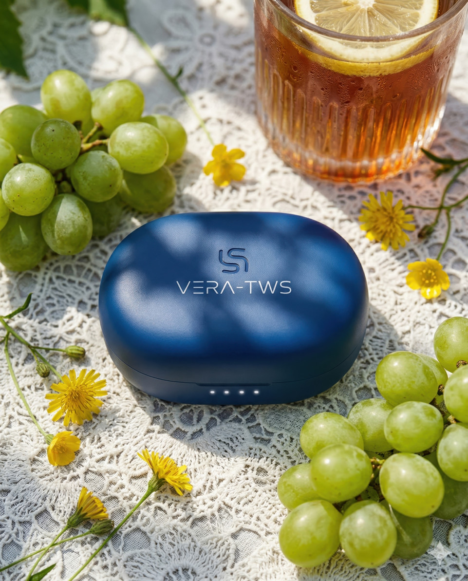 Wireless earbuds case on lace table with grapes garden setting google gemini prompt